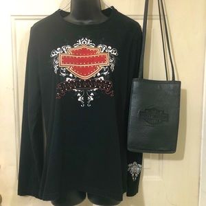 HARLEY DAVIDSON BUNDLE: Long sleeve T-shirt womens XL & Leather shoulder bag.